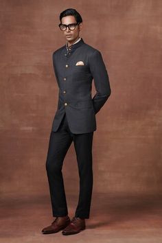 Charcoal bandhgala with stripe pattern and golden buttons. Paired with a straight pant. - Aza Fashions Raghavendra Rathore, Jodhpur, Black Suits, Full Sleeves, Straight Pants, Aza Fashion, Full Sleeve, Stand Collar, Stripes Pattern