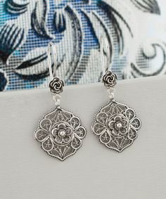 Handmade Silver Filigree Daisy Flower Drop Earrings, 925 Sterling Silver Floral Women Dangle Earrings, Vintage Delicate Ornate Earrings Silver gift for mom, best gift for her, anniversary gift her, handcrafted earrings, tiny dangle earrings Earrings' Length : 4.5 ( 1.8 in )   Width : 2cm ( 0.8 in ) These handmade silver filigree Art Floral Dangle Earrings, 925 Sterling Silver Daisy Flower Women Drop Earrings are a stunning piece of jewelry for the contemporary woman. These delicate and elegant v Yellow Gemstone Ring, Art Bracelet, Flower Drop Earrings, Filigree Jewelry, Yellow Gemstones, Rose Quartz Gemstone, Filigree Design, Sterling Silver Filigree, Sterling Silver Flowers