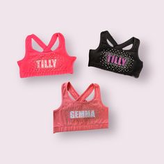 Blinged out personalized sports bra practice set with glitter and AB rhinestones. Cheer Sports Bras, Cheer Dance, Womens Sports, Sport Bh, Sport Bra, Sports Bras, Christmas List, Sports Women, Sport Fitness