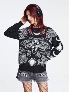 Black Casual Collar Long Sleeve Knitwear Animal,Halloween Pullovers Embellished High Stretch  Women Clothing Drop Shoulder Sweaters, Graphic Patterns, Drop Shoulder, Knitwear, Sweaters For Women, Collar, Halloween, Clothes For Women, Long Sleeve