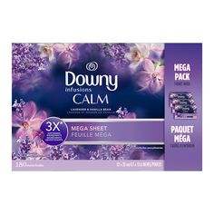 downy infusions calm mega sheet pack with lavender flowers on the front and back