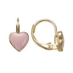 Earring Details: Length: .59 in. Closures: leverback Metal: 18k gold-plated brass  Size: One Size. Color: Pink. Gender: female. Age Group: kids. Pink Heart Charm Huggie Jewelry, Pink Huggie Jewelry With Heart Charm, Pink Huggie Heart Earrings, Pink Huggie Heart Earrings For Pierced Ears, Pink Heart Huggie Earrings For Pierced Ears, Pink Nickel-free Huggie Jewelry, Pink Huggie Heart Earrings For Valentine's Day, Pink Heart Huggie Earrings For Valentine's Day, Adjustable Pink Huggie Jewelry