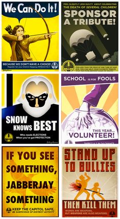 some posters that are on the side of a wall in different colors and sizes, including one