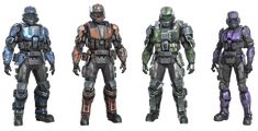 three different types of suits and helmets for the halo master chief, commander, or space marine