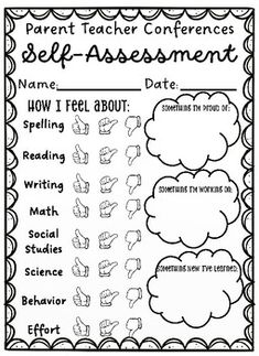 the parent teacher conference sheet for self - assignment with pictures of speech bubbles and handwritten notes