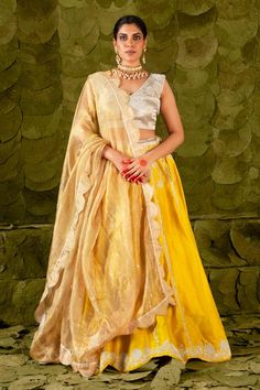 Spicy mustard lehenga with silk thread, sequin and bead floral embroidery. Paired with a floral embroidered blouse and scalopped dupatta. - Aza Fashions Yellow Organza Pre-draped Saree For Eid, Yellow Organza Pre-draped Saree For Party, Yellow Anarkali Style Pre-draped Organza Saree, Yellow Raw Silk Choli With Dupatta, Festive Silk Lehenga With Gota Work, Yellow Choli With Sheer Dupatta For Navratri, Yellow Tissue Silk Anarkali Set For Diwali, Yellow Organza Lehenga With Resham Embroidery, Yellow Silk Lehenga For Eid