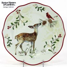 For Your Consideration is this Beautiful Holiday Plate from Better Homes and Gardens.    Plate is from the Better Homes and Gardens Winter Forest Collection, and is retired, rare, and hard to find.    Plate is skillfully handcrafted ceramic and beautifully detailed with a deer, cardinal, pine cones, and mistletoe greenery & berries.    Plate may be used for salads, appetizers, or desserts.    Plate measures approximately 8-3/4"DIA x 1"High.    Plate is microwave and dishwasher safe.    Plate is Deer Plate, Christmas Salad Plates, Christmas Salads, Forest Deer, Deer Fawn, Holiday Plates, Christmas Dinnerware, Garden Christmas, Better Homes And Garden