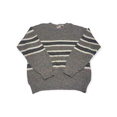 VTG 90s Concrete Gray Striped Knit Pullover Sweater Acrylic/Wool Blend Size L. See photos for measurements. It does have a small stain on the front of it. Please carefully review all photos for condition details. Retro Striped Knitted Sweater, Striped Crew Neck Sweater For Winter, Retro Striped Winter Sweater, Retro Striped Sweater For Winter, Retro Chunky Knit Fall Sweater, Retro Chunky Knit Sweater For Fall, Striped Wool Sweater With Long Sleeves, Retro Knitted Sweater For Cold Weather, Casual Wool Sweater With Fair Isle Pattern