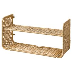 a wicker shelf with two shelves on each side