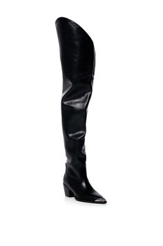 What’s not to love about these cowboy boots? The Ria Thigh High Western Boot In Black is made from a soft faux leather upper and features a pointed toe silhouette with a metal tip, a rounded, thigh high shaft, and a pull-on fit. Complete with a chunky heel and an angled cut at the top of the boot. Faux leather upper Pointed toe Chunky heel 30.5” shaft height 2.5” heel height Crotch Boots, Leather Thigh High Boots, Black Thigh High, Entrepreneur Fashion, Azalea Wang, Western Boot, Thigh High Boots, Chunky Heel, Thigh High