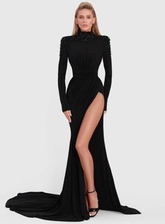 Black High Neck Dress, Albina Dyla, High Neck Black Dress, Elegant Black Dress, Woman Suit Fashion, Prom Outfits, Black Gown