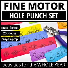 the fine motor hole punch set includes 20 shapes, 20 easy - to - prep activities for the whole year