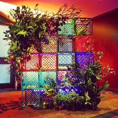 a colorful display in the middle of a room with lots of plants on top of it