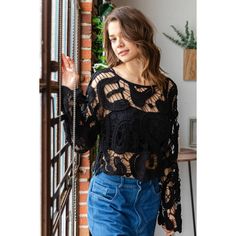 -Crochet lace knit -See through -Long sleeve -Semi crop fit Handwash Model is 5'7" and wearing size Small Size Measurement Guide Small- Waist 27" Length- 21" Medium- Waist 30" Length- 22" Large- Waist 33" Length-22" Stretch Lace Long Sleeve Crop Top, Black Scalloped Lace Long Sleeve Tops, Black Long Sleeve Tops With Scalloped Lace, Fall Crochet Lace Stretch Tops, Cropped Lace Top For Fall, Black Long Sleeve Crochet Lace Top, Spring Cropped Top With Scalloped Lace, Spring Cropped Tops With Scalloped Lace, Spring Scalloped Lace Cropped Tops