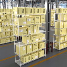 rows of yellow boxes on shelves in a warehouse