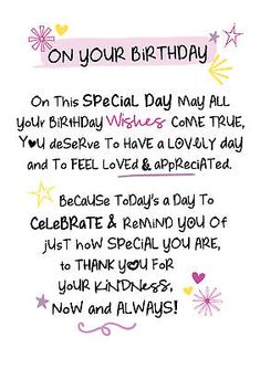 a birthday card with the words on your birthday written in pink and yellow lettering,