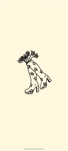 a black and white drawing of a boot with flowers in it's boots on the ground