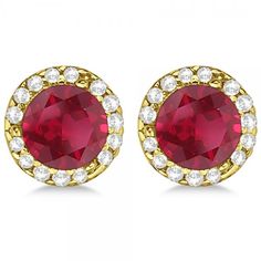 Diamond and Ruby Earrings Halo 14K Yellow Gold (1.15ct)-Allurez.com Round Diamond Pendant, Yellow Gold Diamond Earrings, Round Diamond Earrings, Halo Diamond Earrings, Pave Diamond Earrings, White Gold Earrings Studs, Rose Gold Earrings Studs, Amethyst Studs, Rose Gold Studs