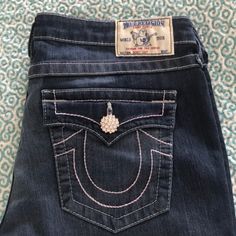 True Religion Jeans. Worn Less Than 5 Times. Cute Buttons And Pink And White Stitching. Cute Buttons, True Religion Jeans, Jeans Color, True Religion, Colored Jeans, Pink And White, Jeans And Boots, Boot Cut, Pink White