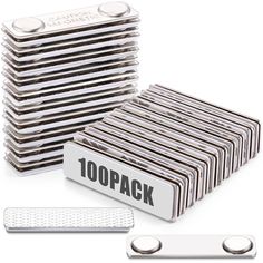 a stack of silver metal business cards with the words 100pack on them and two matching magnets