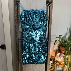 Cute Little Party Dress, Nwt, Size Medium Light Blue Spaghetti Strap Mini Dress For Party, Blue Sleeveless Dress For Costume Party, Blue Sequin Dress For Summer Night Out, Blue Sequin Dress For Night Out In Summer, Blue Sequin Mini Dress For Party, Blue Mini Length Sequin Party Dress, Blue Mini Dress For Party, Blue Summer Dress For Costume Party, Blue Dresses For Costume Party