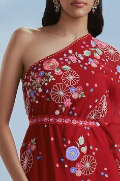 Red one shoulder toga tunic with multi colored floral, sequins, beads and thread embroidery. Comes with plain sharara. - Aza Fashions Plain Sharara, Blossom Dress, Red Kurta, Red Tunic, Tunic Pattern, Beaded Neckline, Floral Tunic, Georgette Fabric, Indian Design