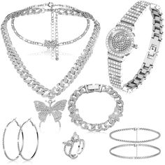 PRICES MAY VARY. Complete Jewelry Set: our package offers the butterfly jewelry set with a complete set that includes 1 diamond watch, 2 butterfly necklaces, 1 butterfly bracelet, 2 simple bracelets, 1 butterfly ring, and a pair of simple hoop earrings; This comprehensive collection meets all your fashionable needs, letting you mix and match pieces for different occasions Exquisite Material: discover the enchanting charm of our butterfly themed necklace earring set made from alloy and rhinestone Butterfly Jewelry Set, Butterfly Necklaces, Thick Necklace, Simple Hoop Earrings, Walmart Jewelry, Bracelet Diamond, Necklaces Pendant, Butterfly Bracelet, Earrings Ring