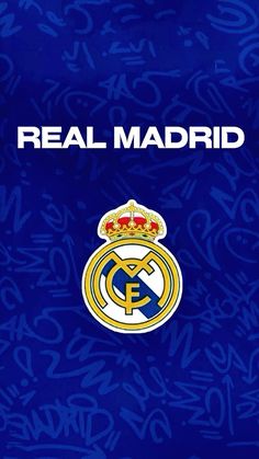 the real madrid logo on a blue background with letters all over it and an orange crown