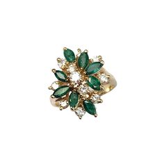 This is a stunning vintage ring! This gorgeous ring is made of 14k yellow gold. Its a cluster style cocktail ring that has 7 prong set vibrant green emeralds. The emeralds are marquise cut and the total weight is approximately 1.40 carats. Interspersed between the emeralds are 11 smaller round brilliant cut natural white diamonds. The total carat weight of the diamonds is approximately 2/3 carat. The ring is beautifully made and makes a great statement. It is in great condition and looks like it Vintage Cocktail Rings, Antique Jewelry Rings, Diamond Cocktail Ring, Gorgeous Ring, Diamond Cocktail Rings, Green Emerald, Vibrant Green, 3 Carat, Marquise Cut