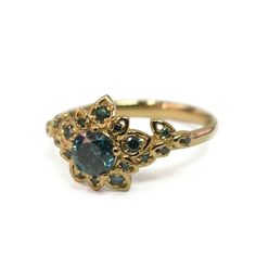 Diamond Art Deco Petal Engagement Ring - 18K Gold and Blue Diamond engagement ring, leaf ring, flowe Grad Rings, Petal Engagement Ring, Vintage Engagement Rings Art Deco, Blue Diamond Engagement Ring, Gold Flower Ring, Floral Engagement Ring, Blue Diamonds, Unique Diamond Engagement Rings, Ring Flower