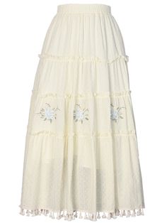 Introducing our Floral Embroidery Apricot Elastic Waist Skirt with Tassels Hem – a perfect blend of elegance and playful charm. This skirt features intricate floral embroidery that adds a touch of sophistication to the soft apricot fabric. The elastic waist ensures a comfortable and flattering fit for all body types. The highlight of this skirt is the tassel hem, which brings a fun and whimsical element to your outfit. Garment Size SizeSMLFull Length82.58485.5Waist60-9863-10166-104 White Tassel Skirt For Spring, Spring White Skirt With Tassels, Long Skirt With Tassels For Spring, Spring Long Skirt With Tassels, Embroidered Cream Skirt For Summer, Bohemian Tiered Skirt With Tassels, Flowy Tiered Skirt With Floral Embroidery, Elegant Embroidered Tiered Skirt, Bohemian Tiered Skirt With Floral Embroidery