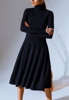 "Flared midi dress in dark blue shade: stand-up collar, long sleeve, cut-off waist with a pleated skirt in a wide pleat.  Fabric: Polyester 97% Spandex 3% Closure: Invisible back zipper Back length: 106 cm                 chest              waist          hip S:  82-86cm    62-66cm   90-94cm    (32.3-33.8\") (24.4-26\") (35.4-37\") M:  86-90cm    67-70cm   94-98cm      (33.8-35.4\") (26-27.5\") (37-38.6\") L:   90-94cm   70-74cm    98-102cm     (35.4-37\")  (27.5-29.1\")  (38.6-40.1\") XL:  94-9 Blue Spring Dresses, Blue Dresses For Women, Spring Midi Dress, Stylish Midi Dress, Dark Green Dress, Plus Size Cocktail Dresses, Spring Dresses Casual, Marine Uniform, Dark Blue Dress