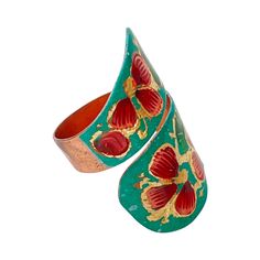 Look delicate, classy, and stylish with these on-trend double-layered Mexican-style copper rings! The stunning ring is handmade by talented artisans using first-rate copper ensures remarkable long-lasting performance. You can wear this colorful flower design on a turquoise enameled plate to highlight your outer beauty to catch the guests' attention! Owe or give the eye-grabbing accessory to someone close, which creates unforgettable memories of a particular event. Grab a golden chance to collect Unique Green Copper Ring, Unique Green Copper Rings, Hand Painted Green Copper Jewelry, Unique Adjustable Enamel Ring, Modern Hand Painted Green Copper Jewelry, Modern Green Hand Painted Copper Jewelry, Handmade Adjustable Green Flower Ring, Bohemian Green Flower Ring For Gift, Green Copper Rings As Gifts