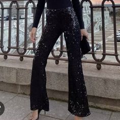 High-Waisted Leggings With Elastic Waistband. Flared Legs..Waist 13 Stretch 17.Legth 47 Sequin Pant, Zara Jumpsuit, Zara Pants, High Waisted Leggings, Pant Jumpsuit, Sequin, Pants For Women, Zara, High Waisted