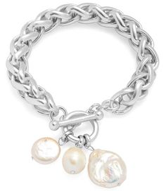 Braided link bracelet with multiple genuine pearl charms PRODUCT DETAILSMaterials: Pewter metal plated with 24 kt gold. Fresh water pearls.Measurements: 7.5"long; charm: 1" wideClosure: Toggle clasp Pewter Metal, Fresh Water Pearls, Gold Gift, 24kt Gold, Water Pearls, Pearl Charms, Bracelet Argent, Toggle Clasp, Silver Bracelets