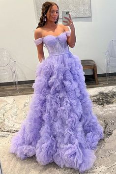 Shedestiny this A-line silhouette prom dress features a fabulous tulle layers skirt, an off-the-shoulder neckline, and a sheer corset bodice with boning inside.#prom2023#promdresses#specialoccasion#formaldress#schooleventdress#longformaldress#longformalgown#formalwear Prom Dress With Ruffles, Tulle Balls, Color Lavanda, Tulle Sleeves, Long Prom Gowns, Tulle Ball Gown, Vestidos Prom, Tulle Prom Dress, Zambia