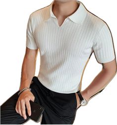 V Neck Polo Shirt, British Style Men, Polo Shirt White, Casual Summer Shorts, Mens Fashion Summer, Short Sleeve Polo, British Style, Striped Knit, Polo Shirts