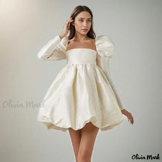 Olivia Mark - Palatial Satin Princess Dress with Bubble Sleeves, Long Sleeves, Square Neckline and Elegant Court-inspired Design White Dress Fall, Foral Dress, Element Dress, Puff Sleeves Dress, Dorothy Dandridge, Puffy Dresses, Elegant Party Dresses, Puff Long Sleeves, Short Prom Dress