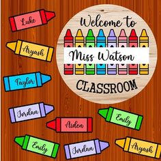 a wooden sign with crayons on it that says welcome to miss walton classroom