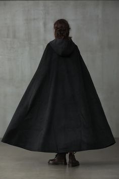 Maxi Hooded Wool Coat Cloak (8 Colors) – Linennaive Winter Outdoor Cape, Oversized Black Outerwear For Halloween, Hooded Cape For Cosplay In Winter, Winter Hooded Cape For Cosplay, Hooded Winter Cape For Cosplay, Hooded Cape For Fall Cosplay, Black Winter Cape For Outdoor, Fall Cape Outerwear For Cosplay, Black Winter Outdoor Cape