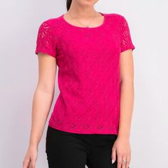 A Vibrant Magenta Pink Top From Stitch Fix's Market And Spruce. A Circular Lace Pattern That Is Lined In The Front. The Back Is A Soft T Shirt Material. No Holes Or Stains, New With Tags. 25 Inch Length, 19 Inch Bust Crochet Lace Top With Short Sleeves, Pink Crochet Lace Top, Fitted Crochet Blouse, Pink Lace Crochet Top, Pink Lace Top, Crochet Pink, Pink Lace Tops, High Low Blouse, Market And Spruce