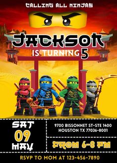 the lego movie poster for jackson is turning 5, with two ninjas on each side