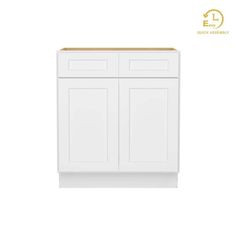 a white cabinet with two doors and one drawer on the bottom, in front of a white background