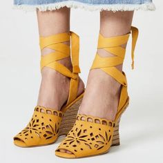 Yellow Hollow Out Wedge Heels Ankle Strappy Sandals for Work, School | FSJ #platformshoes #shoeholic #shoesgram #shoeporn #heels #strappyheels #fashionshoes #shoeaddict #shoeaddicted #highheels #iloveshoes #fashionblog #currentlywearing #fashiondiaries #fashiondesign #fashionstyle #fashiondaily #fashiongram #todaysoutfit #styleblogger #whatiworetoday #fashionweek #styleoftheday#lookbook Work Sandals, Yellow Wedges, Shoes Inspiration, Statement Shoes, Custom Boots, Sandal Shoes, Strappy Sandals Heels, Wedge Heel Sandals, Outfit Look