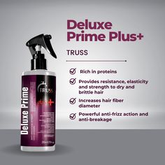 TRUSS Deluxe Prime Plus + Hair Treatment 8.79 Fl Oz — Hair Rebuilder with Anti-Breakage Effect Deluxe Prime Plus+ is an innovative formula designed to target and repair the most fragile, damaged, and brittle areas of the hair fiber, delivering deep and long-lasting restoration. With advanced technology, it works from within to actively restore and restructure the hair, providing a powerful anti-breakage effect. Rich in proteins and bio-functional amino acids, this hair rebuilder offers resistanc Brittle Hair, Rich In Protein, Hair Fibers, Anti Frizz Products, Wet Hair, Innovation Technology, Advanced Technology, Amino Acids, Hair Care