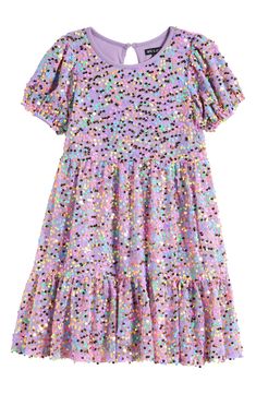 They'll light up the room in this darling puff-sleeve dress illuminated by high-shine sequins. Lined 100% polyester Machine wash, tumble dry Imported Spring Sequin Dress With Contrast Sequin And Short Sleeves, Spring Sequin Dress With Contrast And Short Sleeves, Purple Dresses With Contrast Sequin For Spring, Spring Purple Dresses With Contrast Sequin, Short Sleeve Glitter Dress For Party Season, Playful Dresses For Holiday Parties, Pink Short Sleeve Sequin Dress For Spring, Pink Sequin Short Sleeve Dress For Party Season, Pink Sequin Dress For Party Season With Short Sleeves