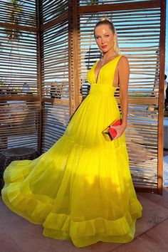 Charming A Line V Neck Yellow Chiffon Evening Dresses AB101805 – Anniebride Chiffon Evening Dresses, Evening Dresses, A Line, Chiffon, V Neck, Yellow, Dresses