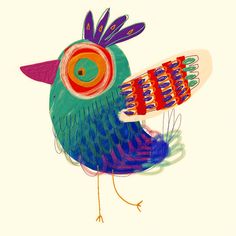 a drawing of a colorful bird with long legs and an eye patch on it's head