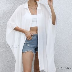 Lasaky - Premium Open-Front Solid Kimono Coverup: Essential Summer Beachwear for Womens Fashion Casual Beach Wear, Style Savvy, Summer Beach Wear, Beachwear For Women, Tunic Blouse, Casual Fit, Beach Wear, Batwing Sleeve, Chest Pad