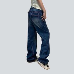 Step into vintage-inspired style with our 90s-style elevated-waisted back flap pocket women's jeans from the 2023 Autumn Collection. Crafted with a mid wash finish and featuring a zipper and button closure. these baggy jeans boast a classic look that bridges the past and present.Why These Jeans are a Must-HaveCombining classic elements with contemporary flair. these jeans are patterned to be a wardrobe staple. Their baggy shape offers unbeatable comfort. while the back flap pocket lends an air o Trendy Medium Wash Bottoms With Contrast Stitching, Trendy Mid-rise Flare Jeans With Contrast Stitching, Vintage Straight Leg Cargo Jeans With Side Pockets, Vintage High Rise Baggy Flare Jeans, Baggy High Rise Vintage Flare Jeans, Vintage High-rise Baggy Flare Jeans, Baggy Flare Jeans With Side Pockets For Streetwear, Trendy High Rise Jeans With Contrast Stitching, Trendy High-rise Jeans With Contrast Stitching